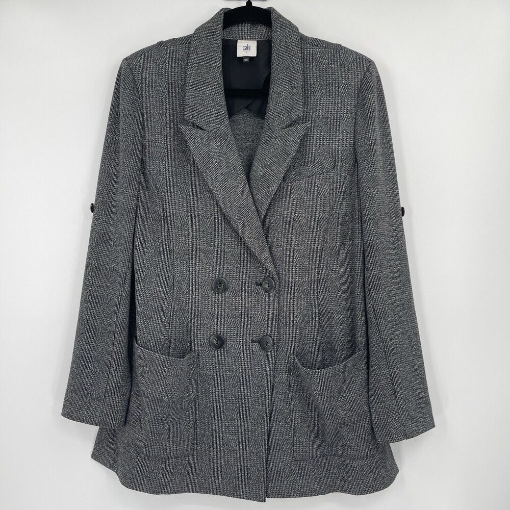 Cabi Womens Jacket Size Large Gray Bond Plaid Stretch Double Breasted Blazer